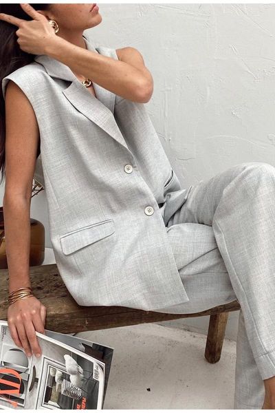 women's two piece pants berrygo gray sleeveless woman suits summer casual loose suit chic collar sets high waist, White
women's two piece pants berrygo gray sleeveless woman suits summer casual loose suit chic collar sets high waist, White