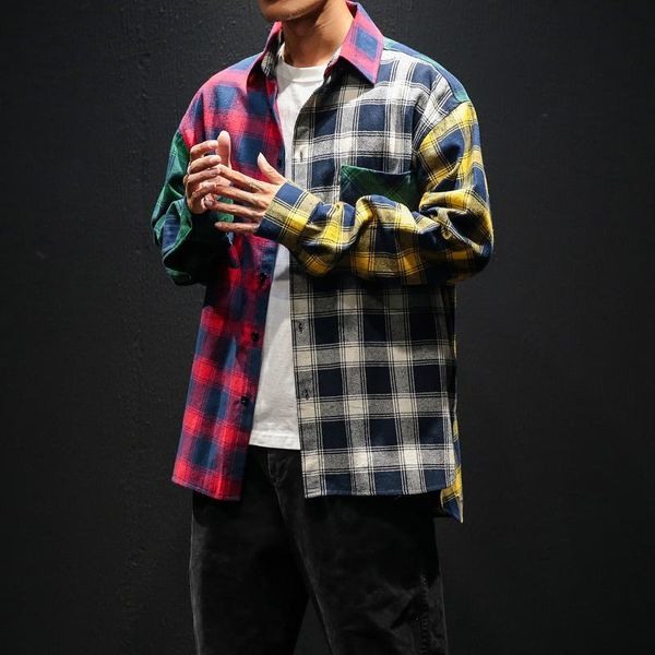 men's casual shirts 2021 patchwork plaid long sleeve men korean streetwear spring shirt baggy kpop male loose clothes, White;black
men's casual shirts 2021 patchwork plaid long sleeve men korean streetwear spring shirt baggy kpop male loose clothes, White;black