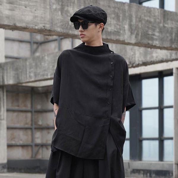men's casual shirts short sleeve shirt summer personality stand collar front after long design dark large size, White;black
men's casual shirts short sleeve shirt summer personality stand collar front after long design dark large size, White;black