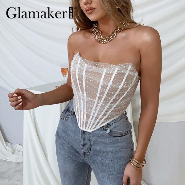 women's tanks & camis glamaker mesh patchwork polka dot printed cropped women elegant bare shoulder fashion tank female party club, White