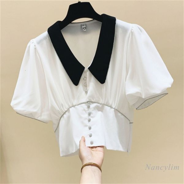blouses doll collar sleeve drill buckle slim chiffon shirt women's summer design sense short top, White
blouses doll collar sleeve drill buckle slim chiffon shirt women's summer design sense short top, White