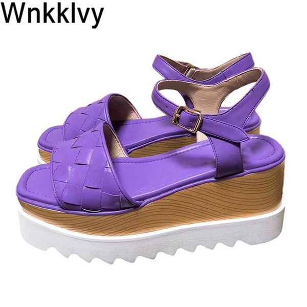 dress shoes sandals female platform wedge high heels summer 2021 ankle strap hand weave fashion runway causal sandalias feminina, Black