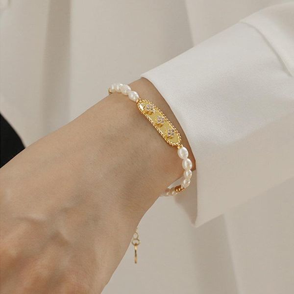 link, chain natural pearl brass gold plated zircon inlaid bracelet french elegant luxury temperament jewelry gifts for women, Black
link, chain natural pearl brass gold plated zircon inlaid bracelet french elegant luxury temperament jewelry gifts for women, Black