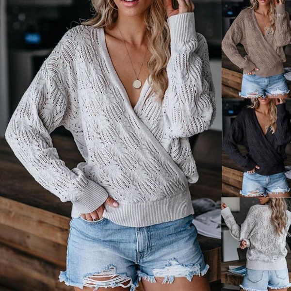 women deep v neck wrap sweater long sleeve crochet knit hollow pullover casual stylish women's sweaters, White;black
women deep v neck wrap sweater long sleeve crochet knit hollow pullover casual stylish women's sweaters, White;black