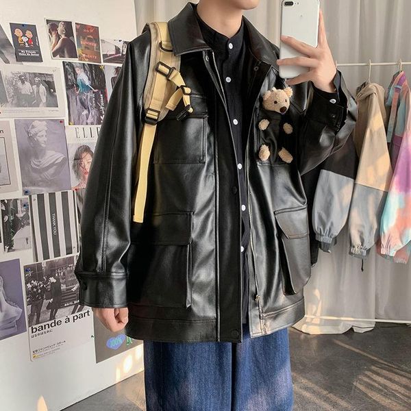 men pu leather jacket 2021 autumn doll spliced pocket black oversized men's outwear coat loose korean trend clothing
men pu leather jacket 2021 autumn doll spliced pocket black oversized men's outwear coat loose korean trend clothing