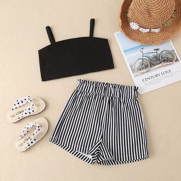 summer black sling casual two piece suit style striped shorts suit children's wear, Blue
summer black sling casual two piece suit style striped shorts suit children's wear, Blue