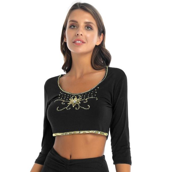 women's t-shirt women sequins beads crop belly dance costume three quarter sleeve dancing training stage performance, White
women's t-shirt women sequins beads crop belly dance costume three quarter sleeve dancing training stage performance, White