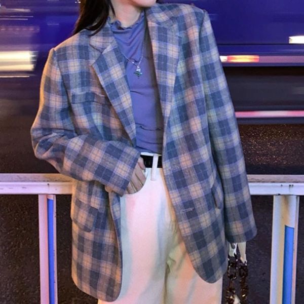 women's suits & blazers 2021 woman fashion loose single breasted plus size blazer women vintage blue plaid england style casual office, White;black
women's suits & blazers 2021 woman fashion loose single breasted plus size blazer women vintage blue plaid england style casual office, White;black