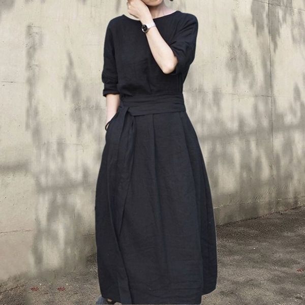 women dress summer new bohemian retro dresses solid color o-neck banquet dress black cotton linen elegant women's dress 201025, Black;gray
women dress summer new bohemian retro dresses solid color o-neck banquet dress black cotton linen elegant women's dress 201025, Black;gray