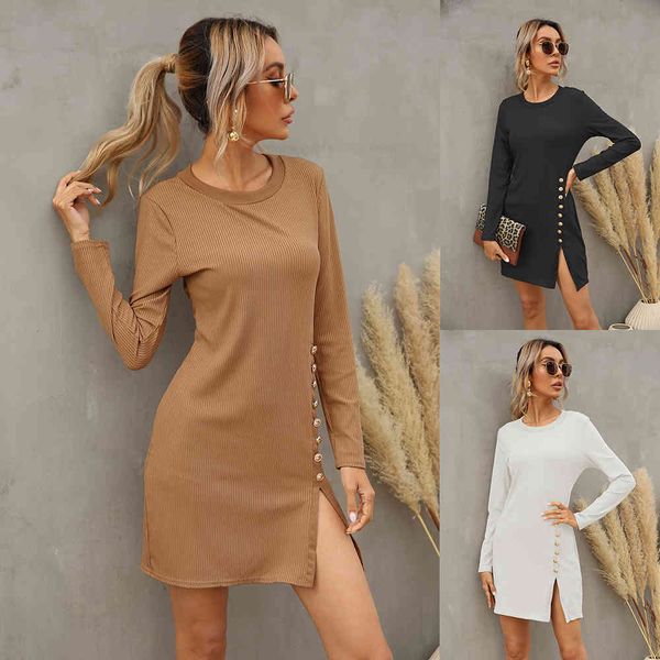 women's long sleeve dress spring autumn o neck button split slim mini dress 2021 fashion new party solid color casual dress x0521, Black;gray
women's long sleeve dress spring autumn o neck button split slim mini dress 2021 fashion new party solid color casual dress x0521, Black;gray