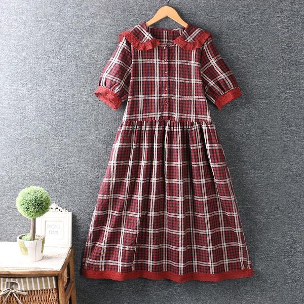 casual dresses summer women's japanese small fresh lapel cotton linen plaid dress loose short sleeve long, Black;gray
casual dresses summer women's japanese small fresh lapel cotton linen plaid dress loose short sleeve long, Black;gray