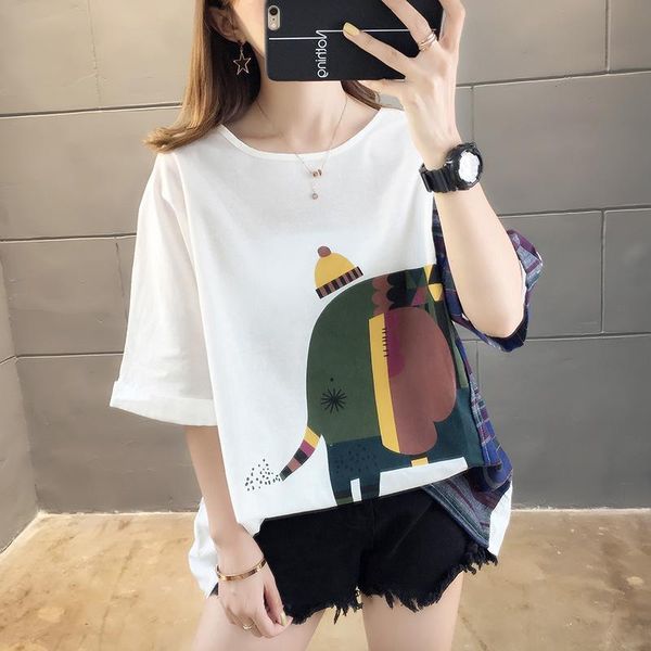 women's t-shirt summer women t shirts knitted o-neck print tees short sleeve loose elephant female students causal plus size, White
women's t-shirt summer women t shirts knitted o-neck print tees short sleeve loose elephant female students causal plus size, White