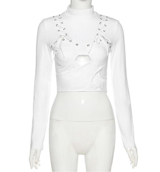women's t-shirt autumn solid color corns bandage half high neck navel women, White
women's t-shirt autumn solid color corns bandage half high neck navel women, White