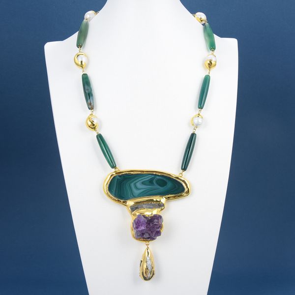 guaiguai jewelry green agate rosary chain necklace agates slice amethyst druzy gold plated keshi pearl pendant 23" for women, Silver
guaiguai jewelry green agate rosary chain necklace agates slice amethyst druzy gold plated keshi pearl pendant 23" for women, Silver
