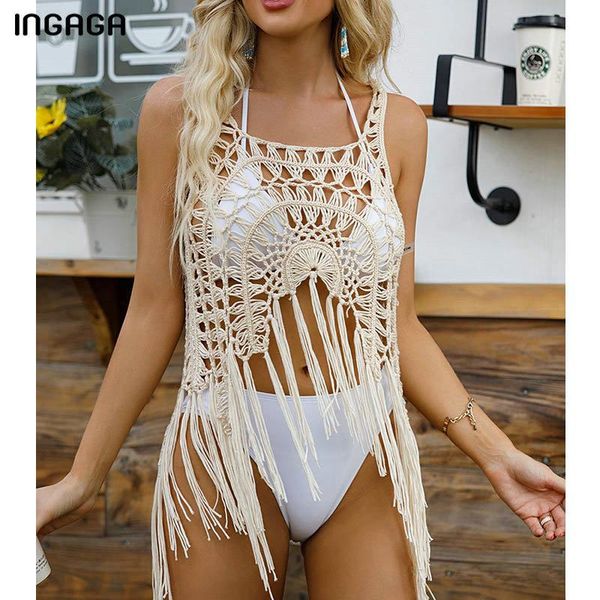 women's swimwear ingaga knitted beach dresses women cover up 2021 hollow out tassel bathing suit summer beachwear, White;black
women's swimwear ingaga knitted beach dresses women cover up 2021 hollow out tassel bathing suit summer beachwear, White;black