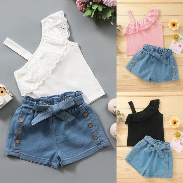 clothing sets summer fashion kids girls clothes 2pcs lace strap one shoulder ruffle + belted denim shorts set 1-6y 2 pc, White
clothing sets summer fashion kids girls clothes 2pcs lace strap one shoulder ruffle + belted denim shorts set 1-6y 2 pc, White