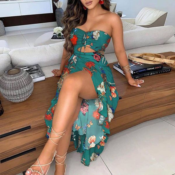 2021 dress skirt full print off shoulder ruffle hem split mid length, Black;gray
2021 dress skirt full print off shoulder ruffle hem split mid length, Black;gray
