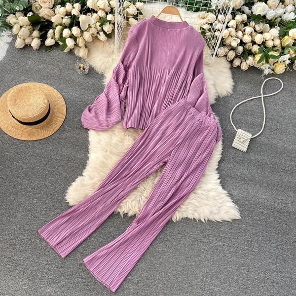 spring arrivals solid lantern sleeve round collar pleated elastic loose casual two piece set mz728 women's pants, White
spring arrivals solid lantern sleeve round collar pleated elastic loose casual two piece set mz728 women's pants, White