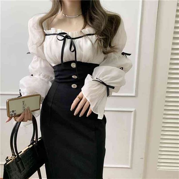 french style spring women's dress office lady elegant chiffon patchwork bow square collar lantern sleeve slim fashion dresses 210519, Black;gray
french style spring women's dress office lady elegant chiffon patchwork bow square collar lantern sleeve slim fashion dresses 210519, Black;gray