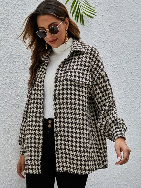 houndstooth flap detail tweed coat g5m8#, Black