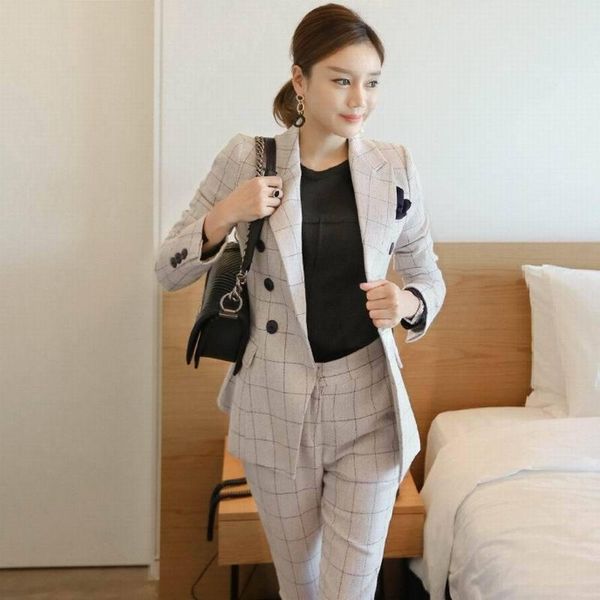 double breasted slim suit women's plaid professional blazer two piece pants, White