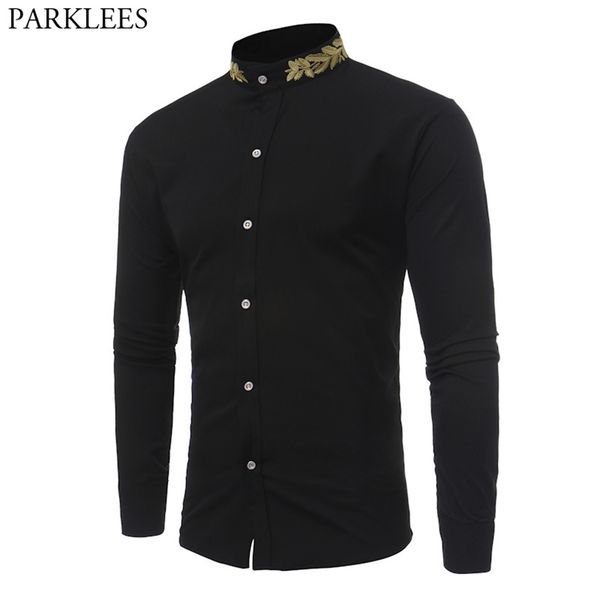 stand collar men shirt brand gold embroidery men shirt long sleeve slim fit cotton male shirts casual mens dress shirts 210708, White;black
stand collar men shirt brand gold embroidery men shirt long sleeve slim fit cotton male shirts casual mens dress shirts 210708, White;black