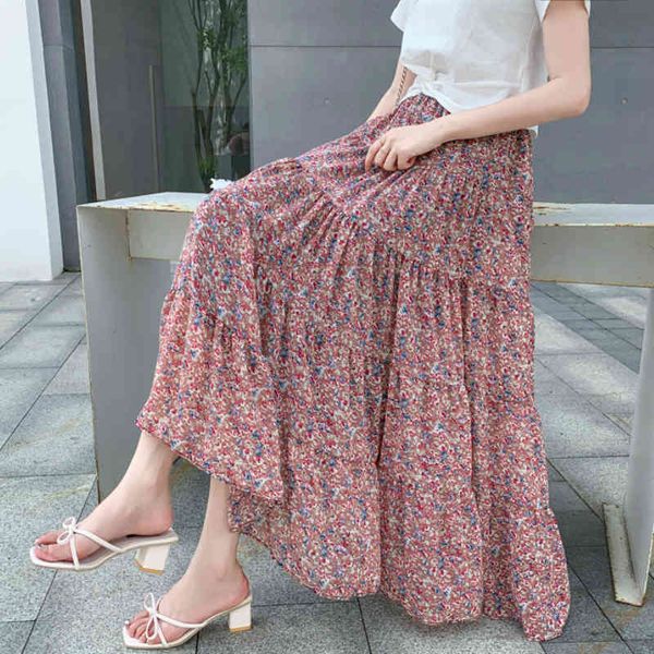 Skirts skirts Summer Maxi Long Floral Printing A-line Korean Ankle Length Chiffon Purpl 1YW6, Black