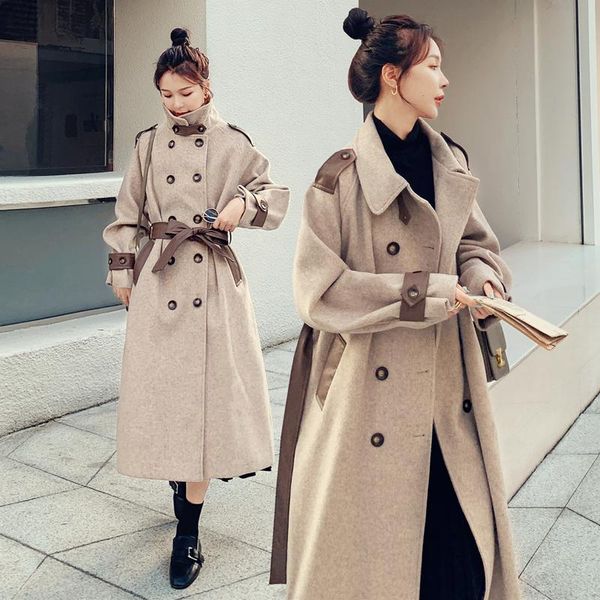 women's wool & blends fall 2021 women solid mid-length double breasted woolen wide-waisted raglan sleeves pu spliced coats, Black
women's wool & blends fall 2021 women solid mid-length double breasted woolen wide-waisted raglan sleeves pu spliced coats, Black