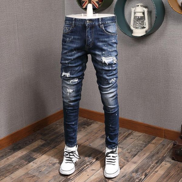 men's jeans european vintage fashion men retro dark blue slim destroyed ripped painted patchwork designer denim punk pants
men's jeans european vintage fashion men retro dark blue slim destroyed ripped painted patchwork designer denim punk pants