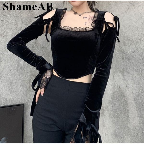 women's t-shirt mall goth velvet lace patchwork cut out long sleeve tees black gothic dark trim indie aesthetic ins y2k crop, White
women's t-shirt mall goth velvet lace patchwork cut out long sleeve tees black gothic dark trim indie aesthetic ins y2k crop, White