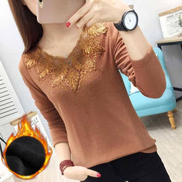 women's t-shirt plus-plus-plus-thick lace v-neck long-sleeved mesh mid-autumn and winter big size nuns., White
women's t-shirt plus-plus-plus-thick lace v-neck long-sleeved mesh mid-autumn and winter big size nuns., White