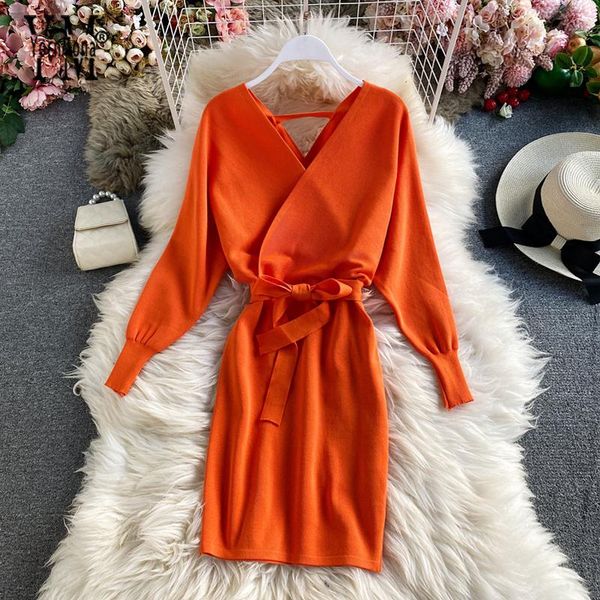 yornmona autumn winter women knitted dress v-neck batwing sleeve sweater lady elegant sashes bottoming vestidos casual dresses, Black;gray
yornmona autumn winter women knitted dress v-neck batwing sleeve sweater lady elegant sashes bottoming vestidos casual dresses, Black;gray