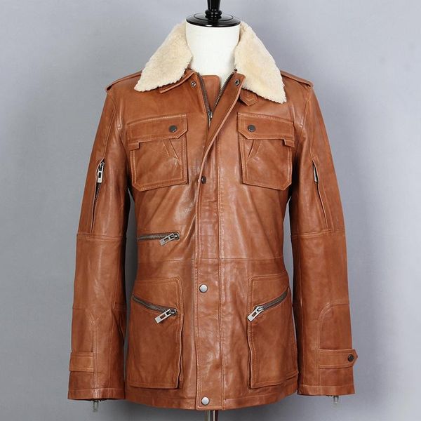 men's leather & faux lambswool mans casual genuine jacket men multi-pocket fur collar sheepskin winter coat slim fit long bomber, Black
men's leather & faux lambswool mans casual genuine jacket men multi-pocket fur collar sheepskin winter coat slim fit long bomber, Black