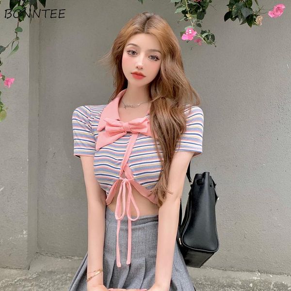 women's t-shirt t-shirts women sweet maiden striped bow decoration skinny crop retro ladies turn-down collar tee girls clothing ins, White
women's t-shirt t-shirts women sweet maiden striped bow decoration skinny crop retro ladies turn-down collar tee girls clothing ins, White