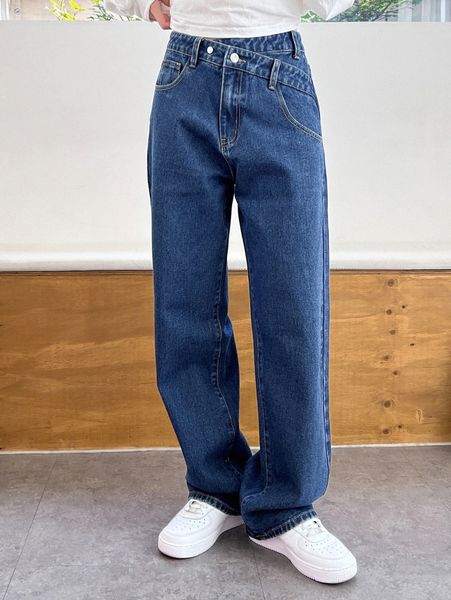 dazy asymmetrical waist boyfriend jeans e6nn#, Blue