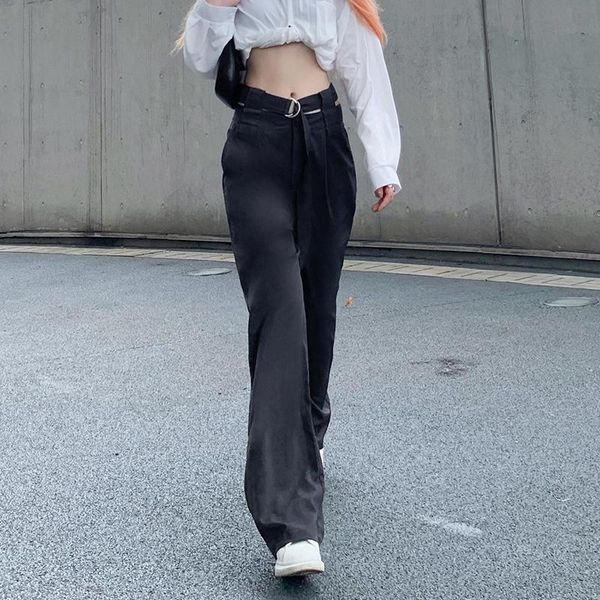 women's pants & capris solid wide leg women fashion bandage hight waist casual streetwear outfits straight trousers aesthetic clothes, Black;white