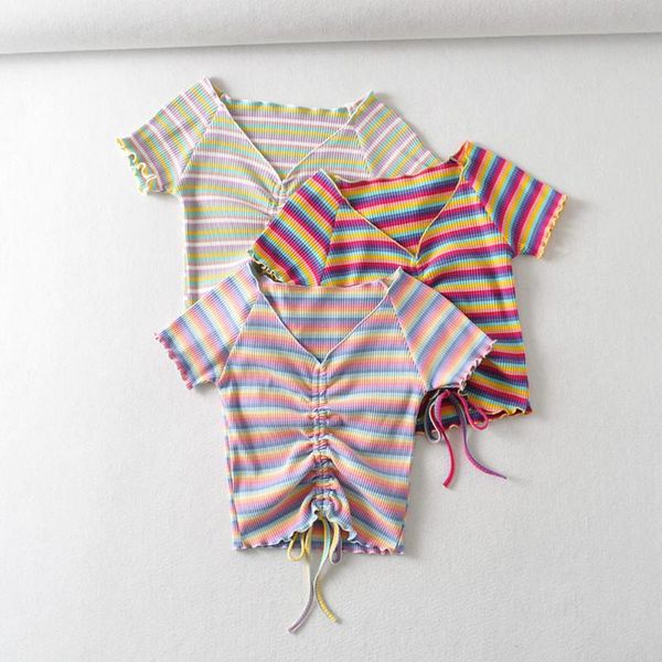 women's t-shirt bradely michelle original design girls short shirt knitted solid colour skinny rainbow stripes v-neck drawstring, White
women's t-shirt bradely michelle original design girls short shirt knitted solid colour skinny rainbow stripes v-neck drawstring, White