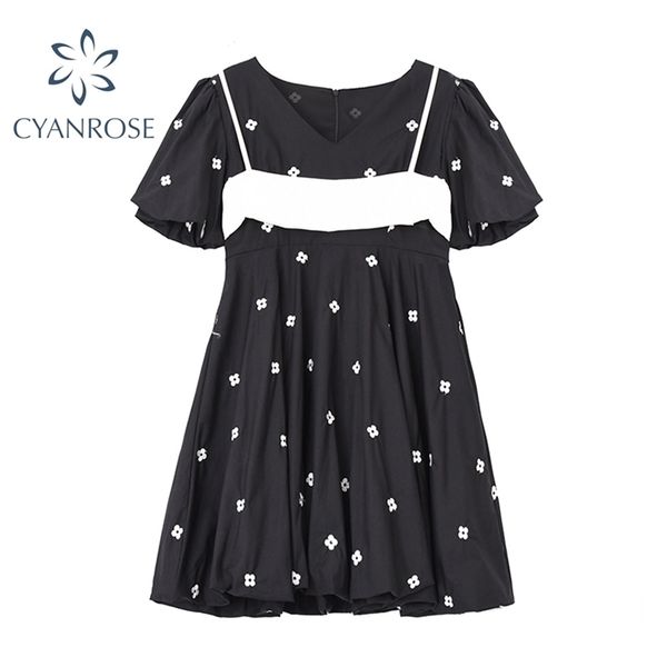 appliques women dress summer fashion french vintage elegant v neck short puff sleeves draped beach mini female 210515, Black;gray 
appliques women dress summer fashion french vintage elegant v neck short puff sleeves draped beach mini female 210515, Black;gray