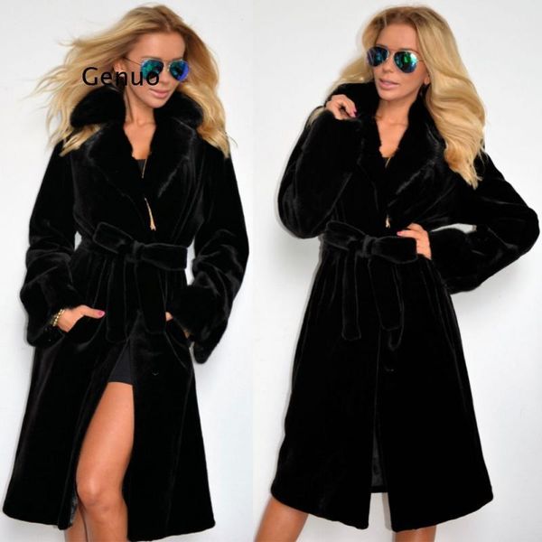 women's fur & faux pocket jacket autumn imitation coat turn-down collar cotton blouse thickened long plush women streetwear with belt, Black
women's fur & faux pocket jacket autumn imitation coat turn-down collar cotton blouse thickened long plush women streetwear with belt, Black
