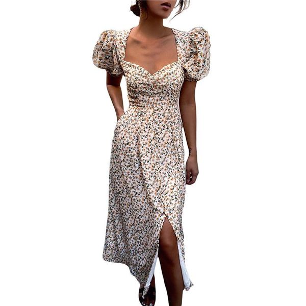 women summer slim floral midi dress fit puff sleeve v-neck casual split bodycon with button dresses, Black;gray
women summer slim floral midi dress fit puff sleeve v-neck casual split bodycon with button dresses, Black;gray