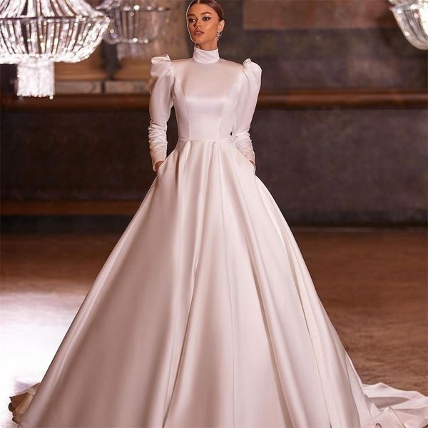 retro a line wedding dresses long sleeves buttons back bridal gowns elegant satin vestido de novia, White
retro a line wedding dresses long sleeves buttons back bridal gowns elegant satin vestido de novia, White