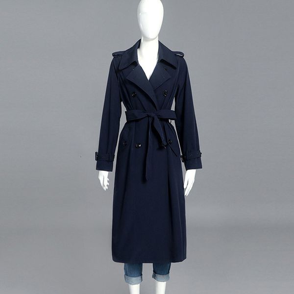 navy blue long women elegant turn-down collar double breasted ol coat windbreaker p-208, Black 
navy blue long women elegant turn-down collar double breasted ol coat windbreaker p-208, Black