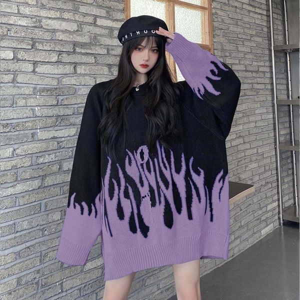 women's sweaters 2021 autumn winter round neck loose sweater women flame jacquard color matching ins hip hop oversized, White;black
women's sweaters 2021 autumn winter round neck loose sweater women flame jacquard color matching ins hip hop oversized, White;black