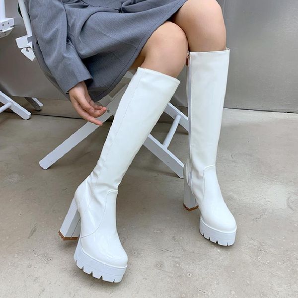patent leather platform high boots black white fashion square heel knee women zipper comfortable quality
patent leather platform high boots black white fashion square heel knee women zipper comfortable quality