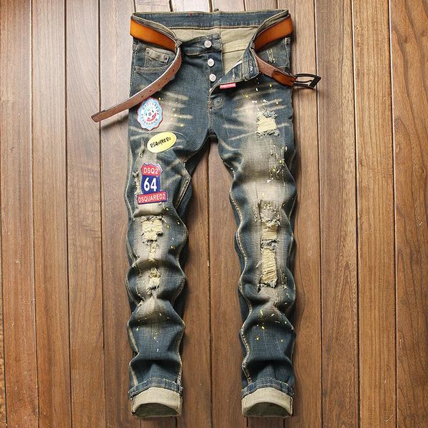 men's jeans european american style slim stretch blue black ripped hole badge patch denim pants streetwear male clothing
men's jeans european american style slim stretch blue black ripped hole badge patch denim pants streetwear male clothing