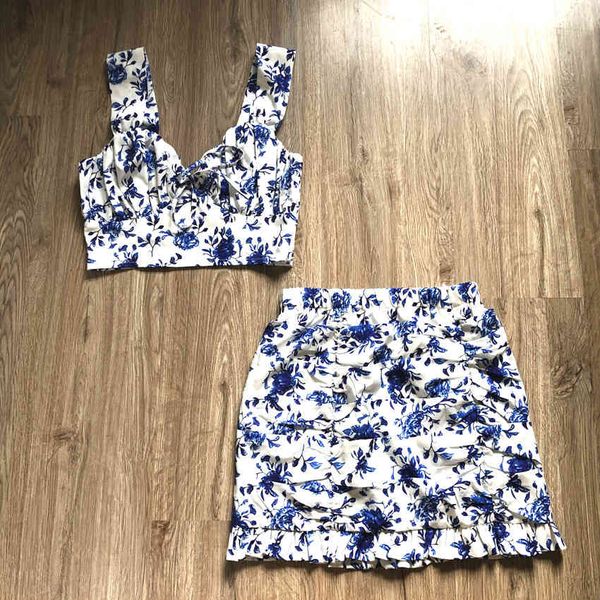 two piece dress draped women sets holiday beach strap and skirts blue floral klgg, White
two piece dress draped women sets holiday beach strap and skirts blue floral klgg, White