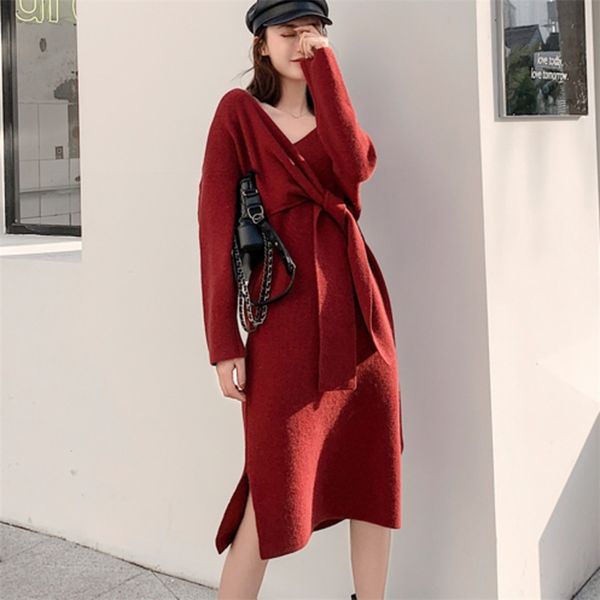 autumn winter korean style long kintted dress v-neck lace up women sweater female casual jumper vestidos de verano robe 210514, Black;gray
autumn winter korean style long kintted dress v-neck lace up women sweater female casual jumper vestidos de verano robe 210514, Black;gray