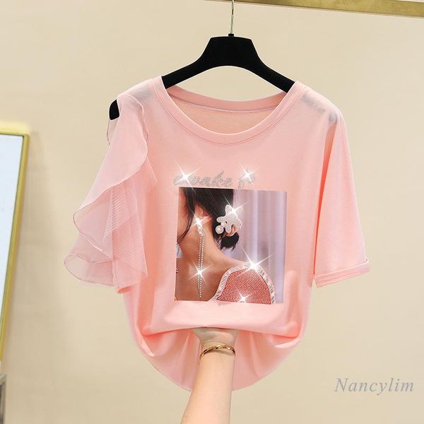 women's t-shirt ruffled sleeve rhinestone letter for woman summer loose girls students tees camisetas de mujer white black pink
women's t-shirt ruffled sleeve rhinestone letter for woman summer loose girls students tees camisetas de mujer white black pink
