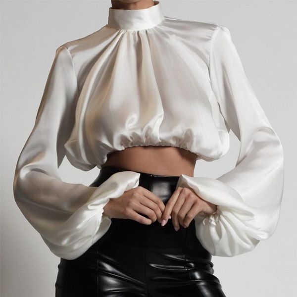 women's blouses & shirts autumn crop nice women elegant solid color ruched satin pleated long lantern sleeve high neck female casua, White
women's blouses & shirts autumn crop nice women elegant solid color ruched satin pleated long lantern sleeve high neck female casua, White