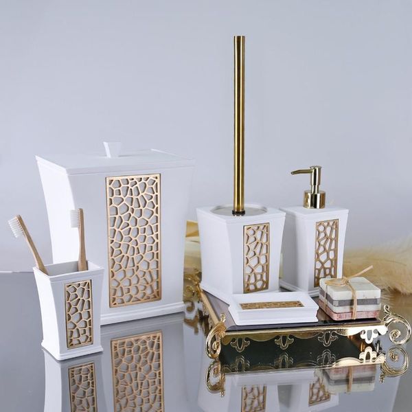 bath accessory set siena unique white gold color with dustbin, toilet brush, liquid soap dispenser, toothbrush holder, dispenser
bath accessory set siena unique white gold color with dustbin, toilet brush, liquid soap dispenser, toothbrush holder, dispenser